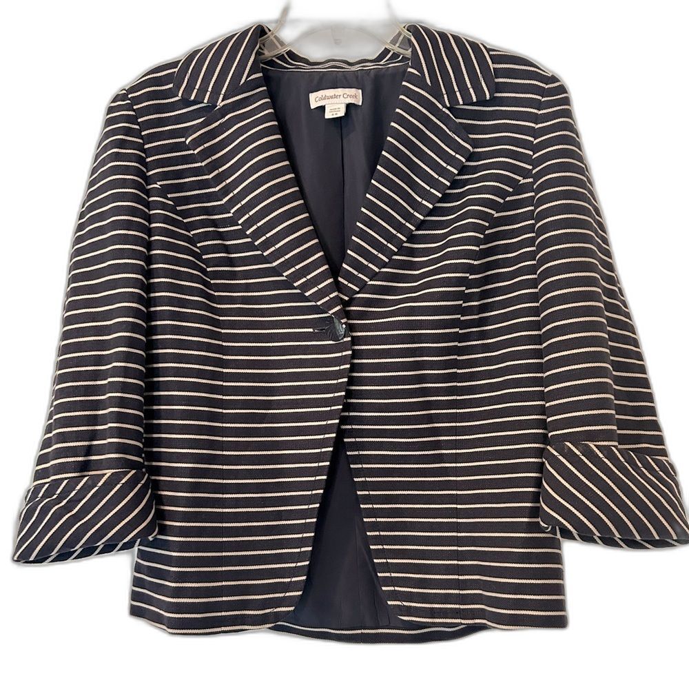 Coldwater Creek Women’s 3/4 sleeve navy striped linen blazer/ jacket size  4/6